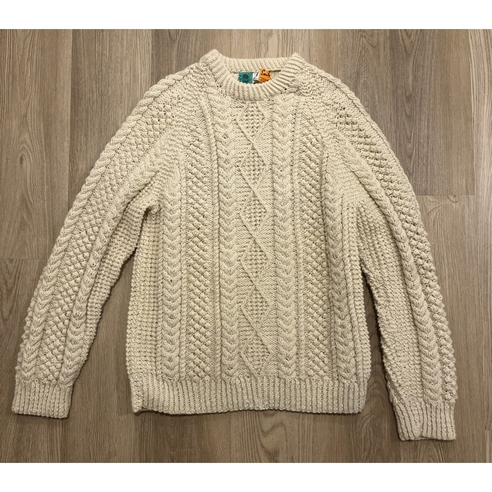 Vtg Mary Smith Irish Wool Cable Knit Sweater Handmade Chunky Fisherman Size S